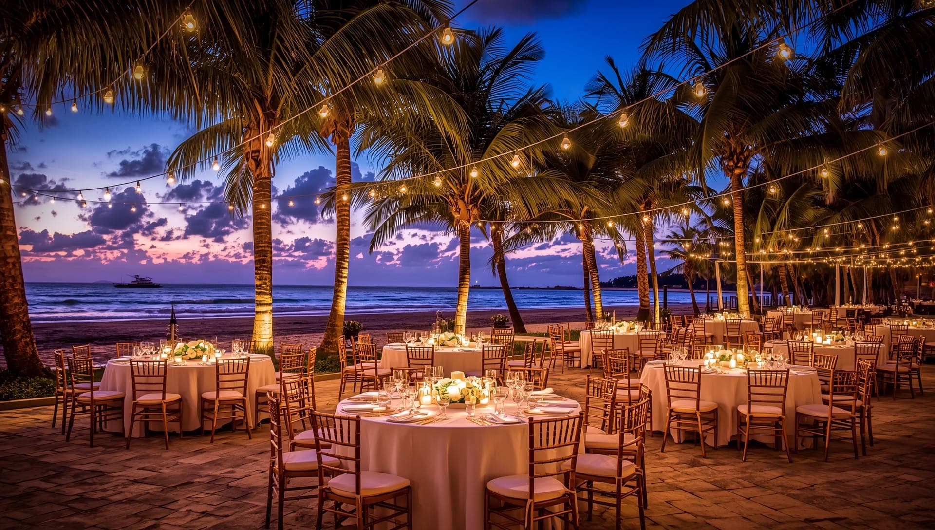 Beachfront wedding reception setup at dusk