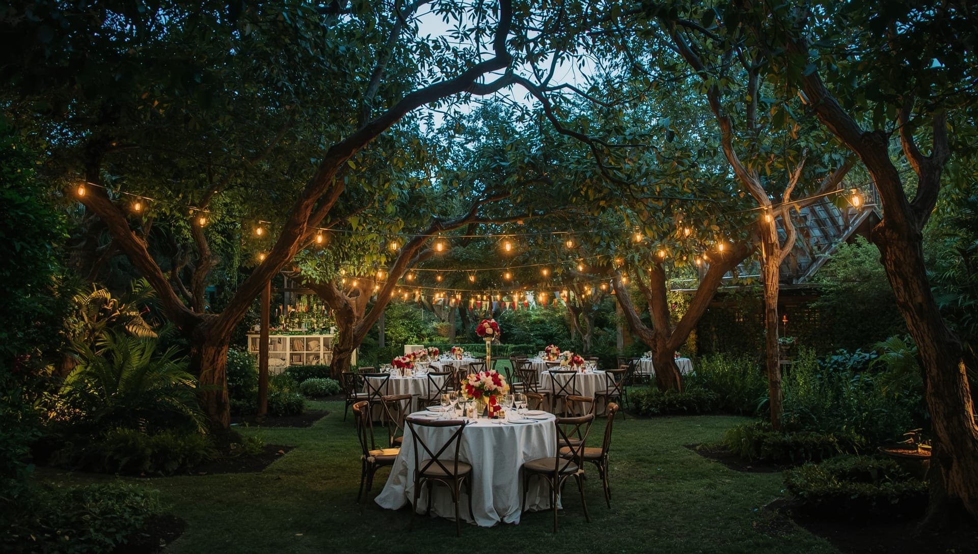 Garden wedding reception with string lights