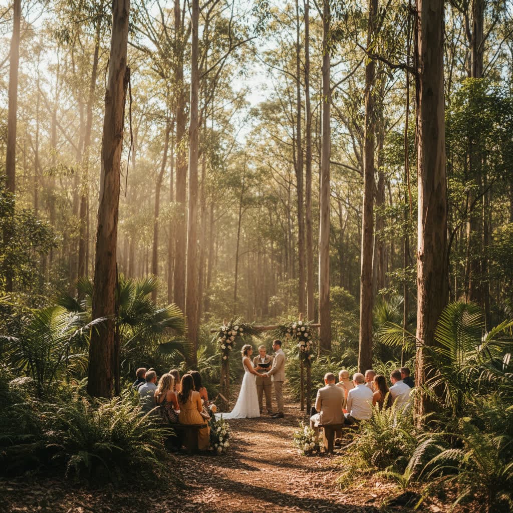 Forest clearing wedding ceremony surrounded by trees