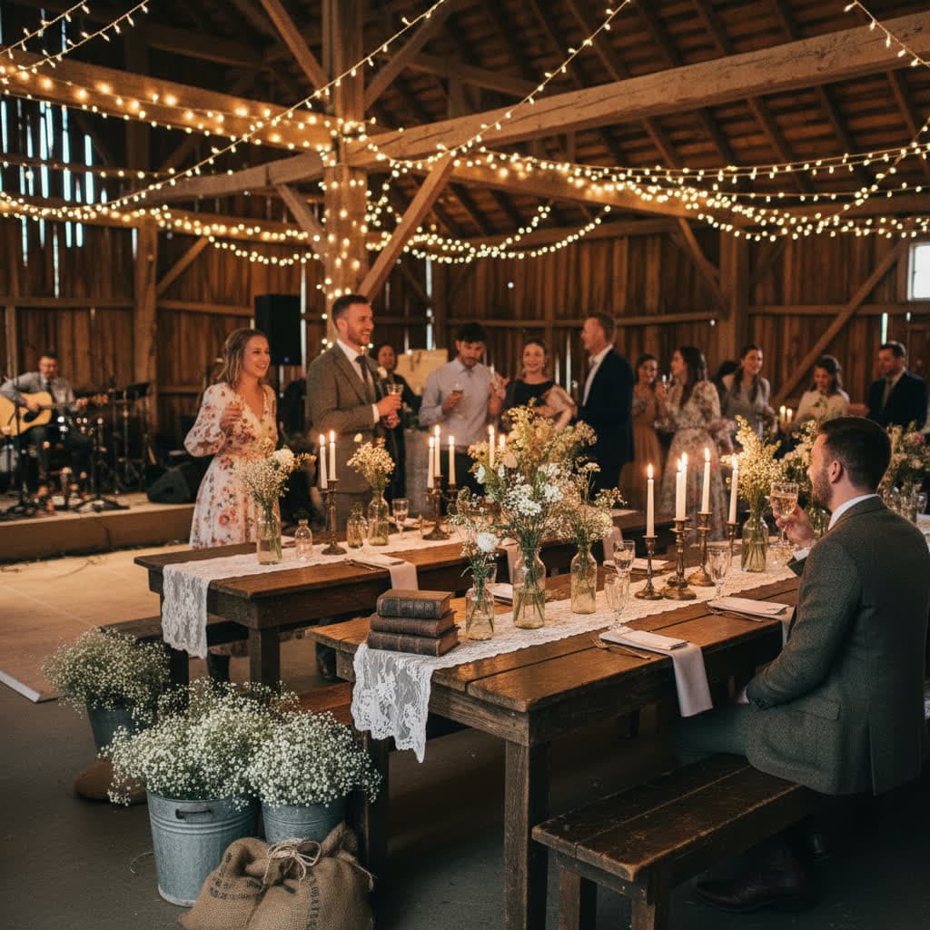 Rustic barn wedding reception with wooden beams