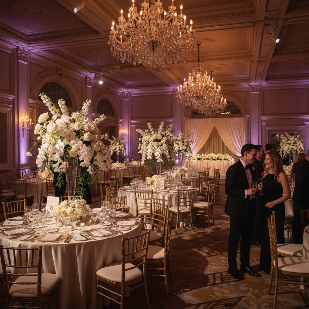 Elegant wedding reception venue with crystal chandeliers