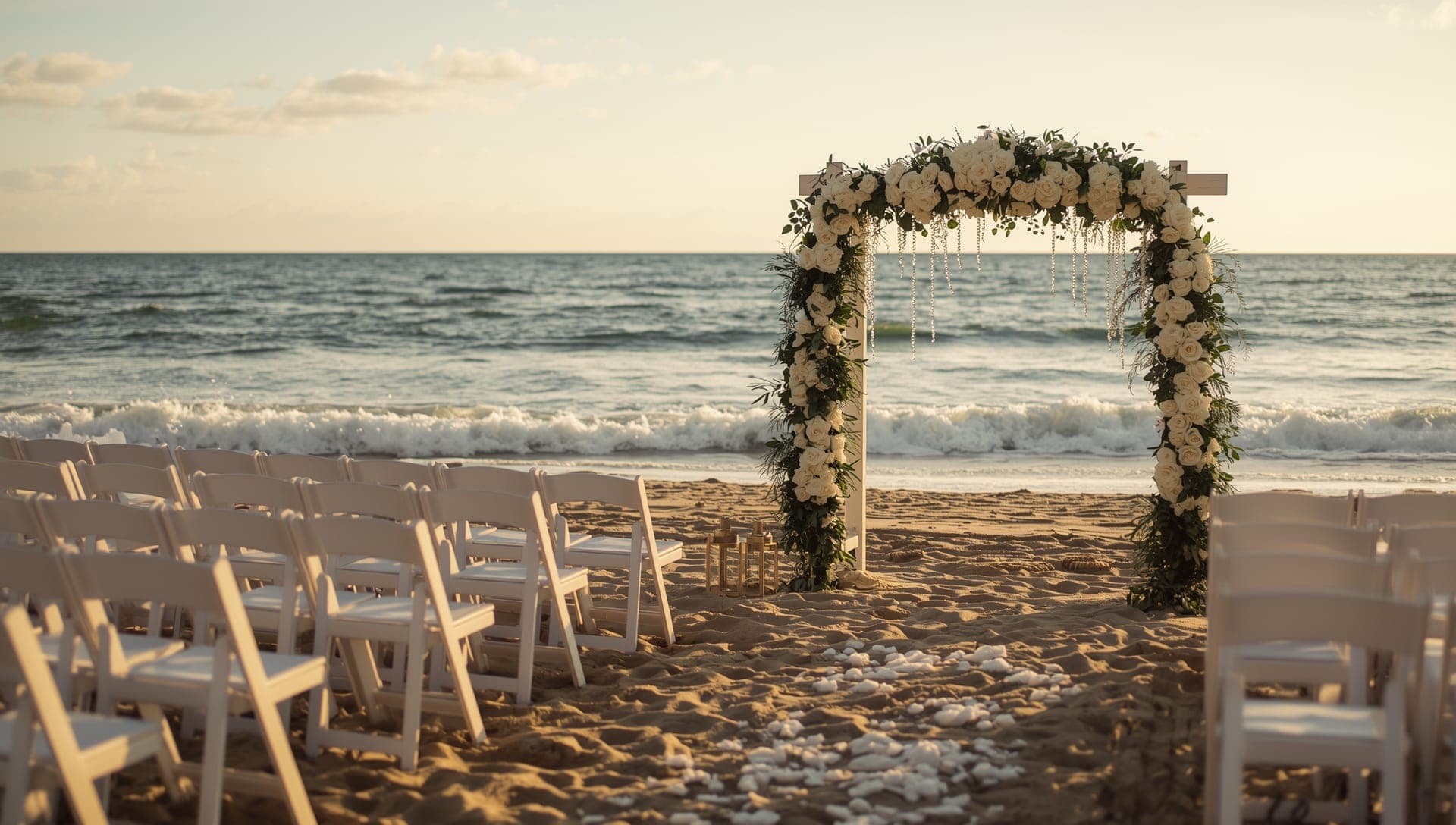 Beachfront ceremony at golden hour on a Queensland beach